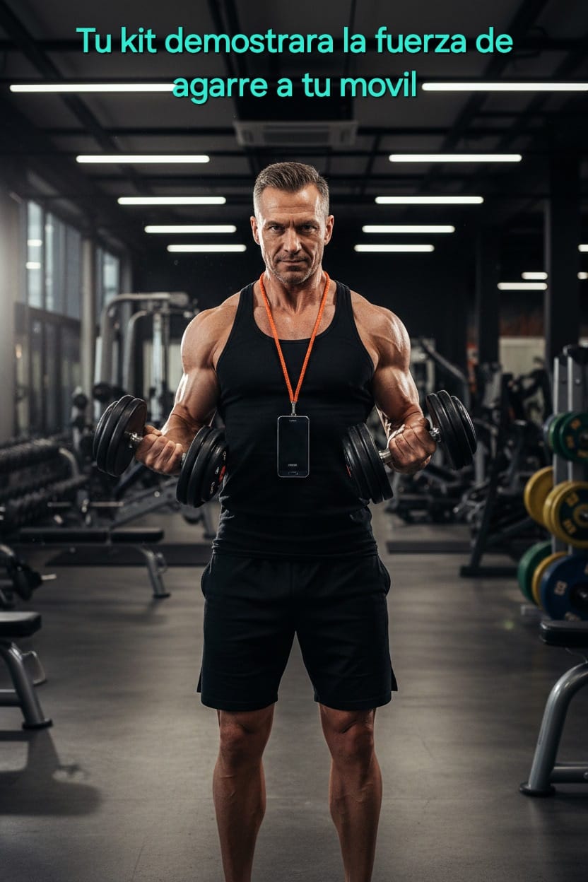 hombre en el gym con kit naranja cuelga de su cuello levanta pesas
