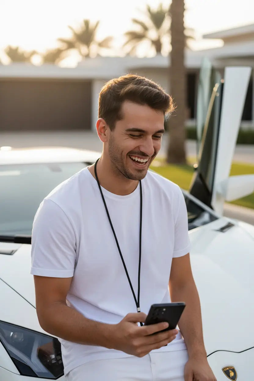 chico sentado en lamborghini con el pack de seguridad 360