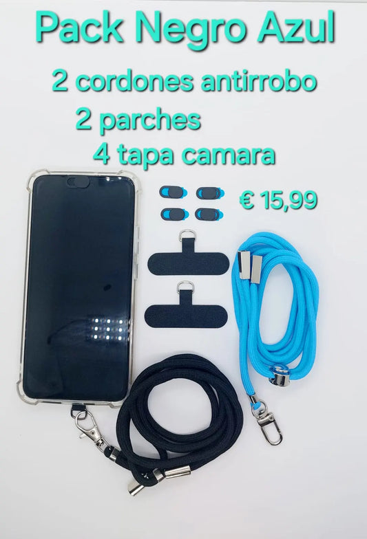 Pack negro azul 2 cordones antirrobo-2 parches-4 tapa camara 