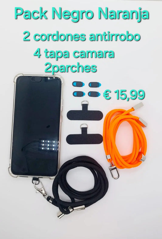 Pack negro naranja  2 cordones antirrobo+4 tapacamara+2 parches
