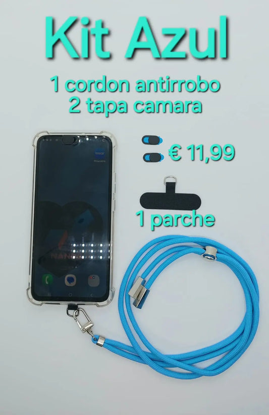 kit azul 1 cordon antirrobo + 2 tapa camara +1 parche sujeta cordon 