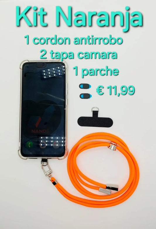 kit naranja  1 cordon antirrobo +2 tapa camara + 1 parche  para sujetar el cordon