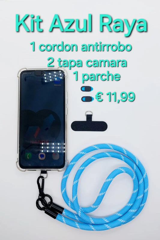 kit azul raya 1 cordon antirrobo + 2 tapa camara + 1 parche sujetador cordon 