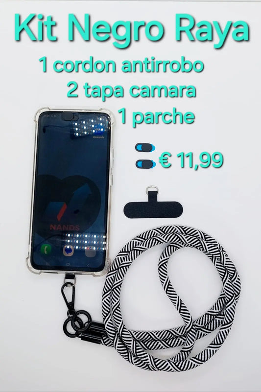 kit negro raya 1 cordon antirrobo + 2 tapa camara + 1 parche 