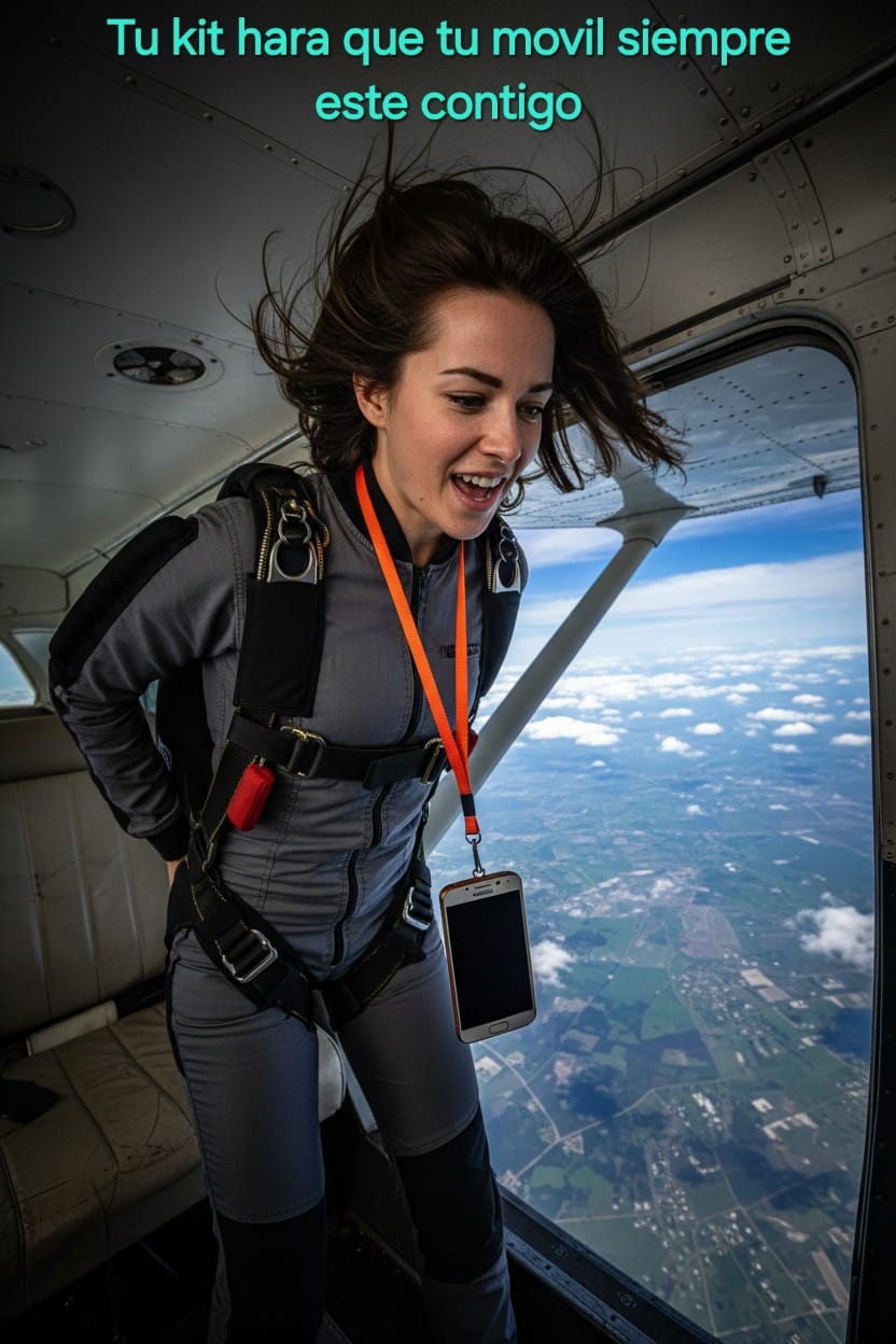 chica hara salto base avioneta con kit naranja en su cuello