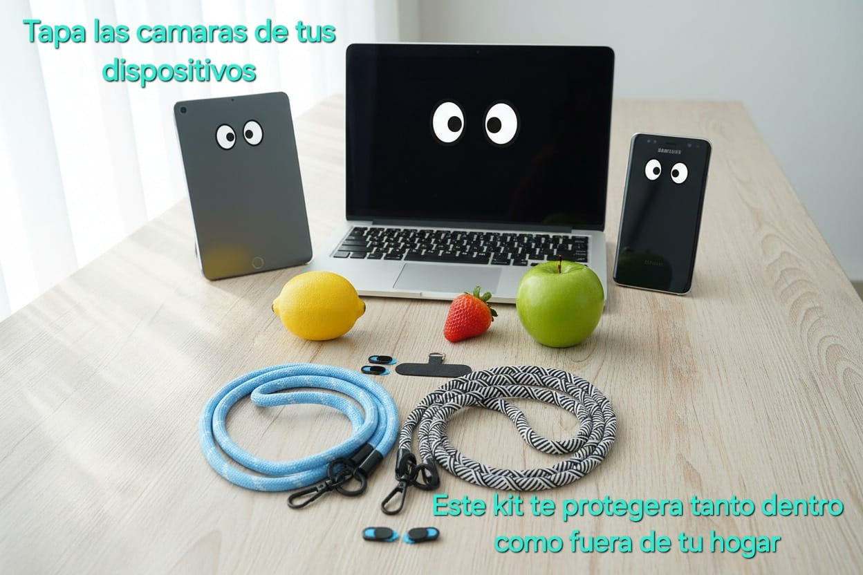 mesa con dispositivos, portatil, tablet y movil con ojitos mirando, cordones pack raya con dos tapas camara y parche, la solucion anti espia, texto en imagen este kit te protegera  tanto dentro como fuera  de tu hogar