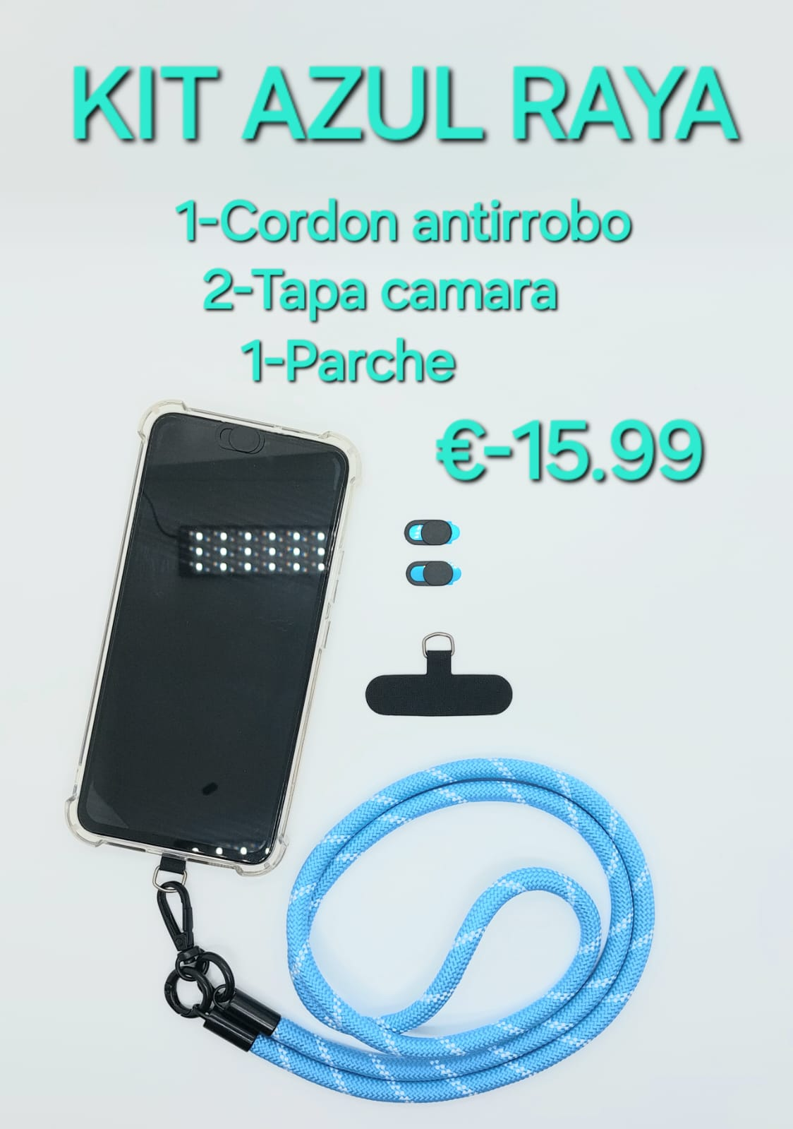 Kit Azul Raya - Cordón antirrobo azul universal, 2 tapas cámara frontal anti espía evitando te observen y parche para carcasa ayuda a sujetar el móvil, protégete de robos y miradas indiscretas