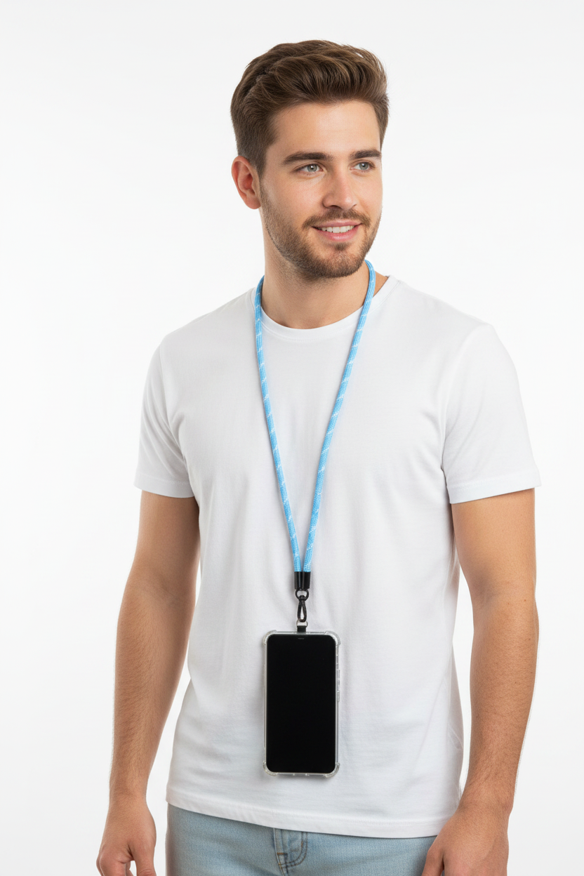 kit azul raya - hombre con cordón  antirrobo azul raya colgando del cuello con móvil, protección antirrobo