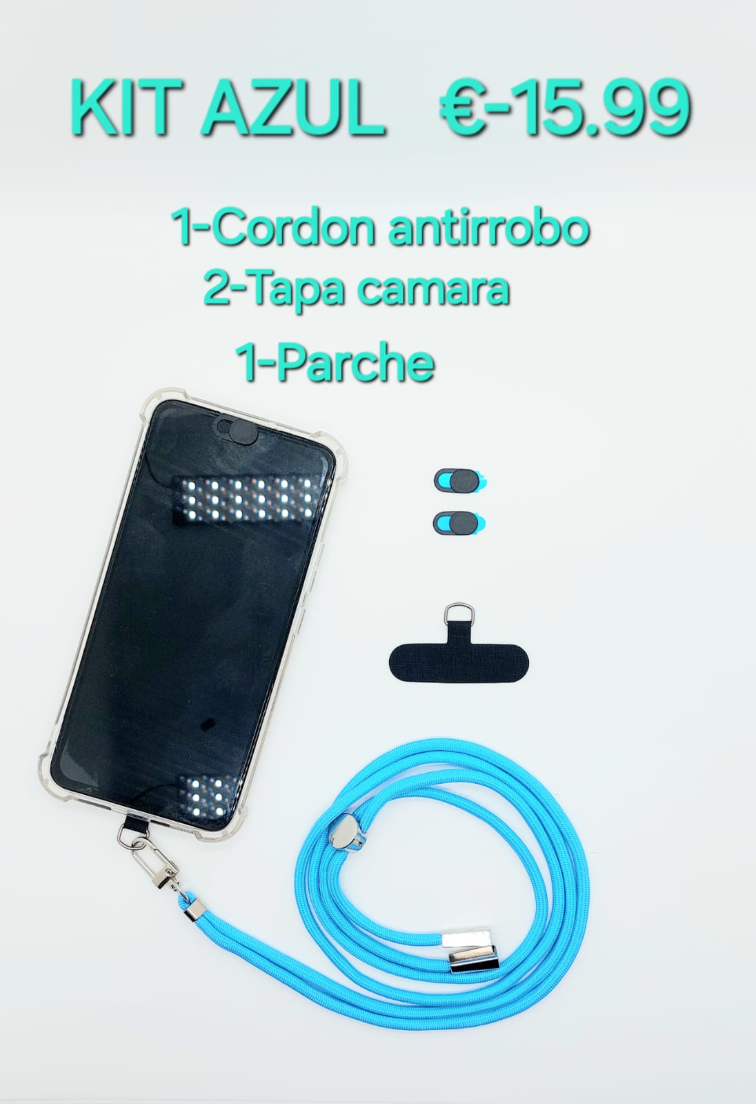 kit azul cordon antirrobo-tapa- cámara-parche precio