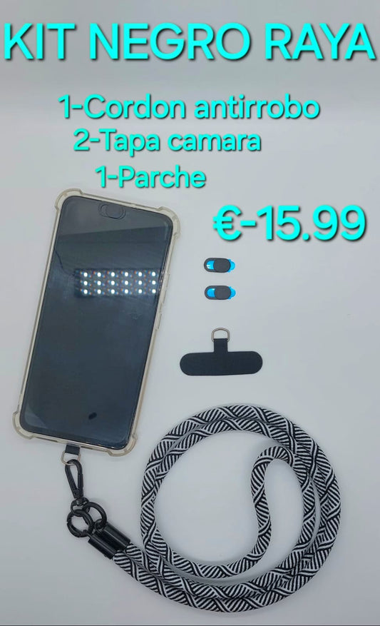 kit negro raya - Cordón antirrobo universal, 2 tapas cámara anti espía y parche para móvil con este kit te protegeras de robos, perdidas , y de que te miren por la camara  1
