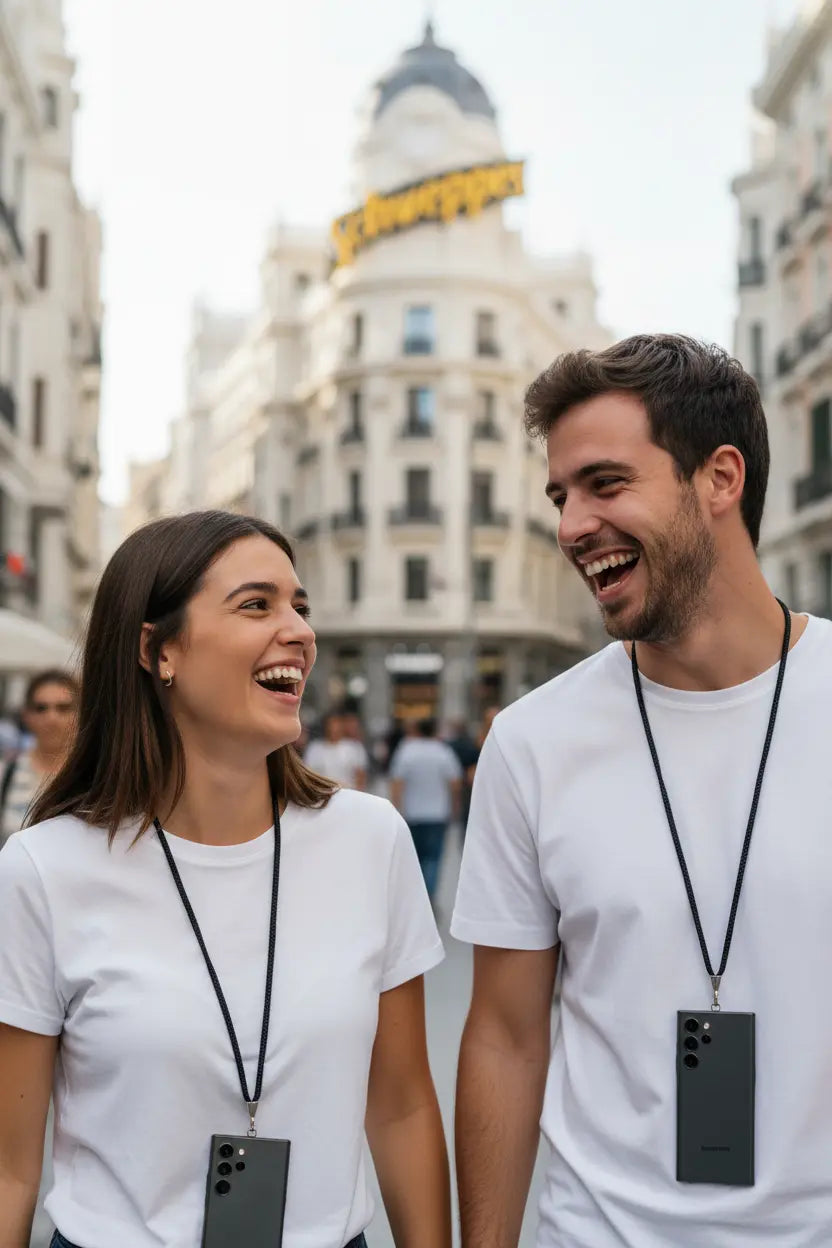 duo pack chicos caminan por gran via con el cordon negro
