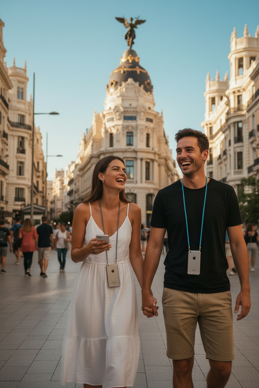 Pareja Gran Vía cordones intercambiados cordones sirven para iphone y samsum caminancontentos  con los moviles colgando de sus cuellos con kit azul raya 