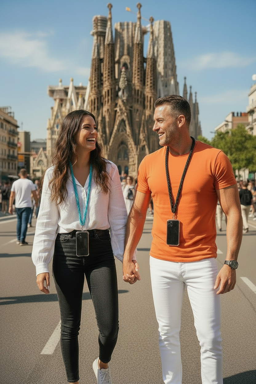 Pareja Sagrada Familia cordon kit azul pasean con los moviles colgando de su cuello  kit azul y negro
