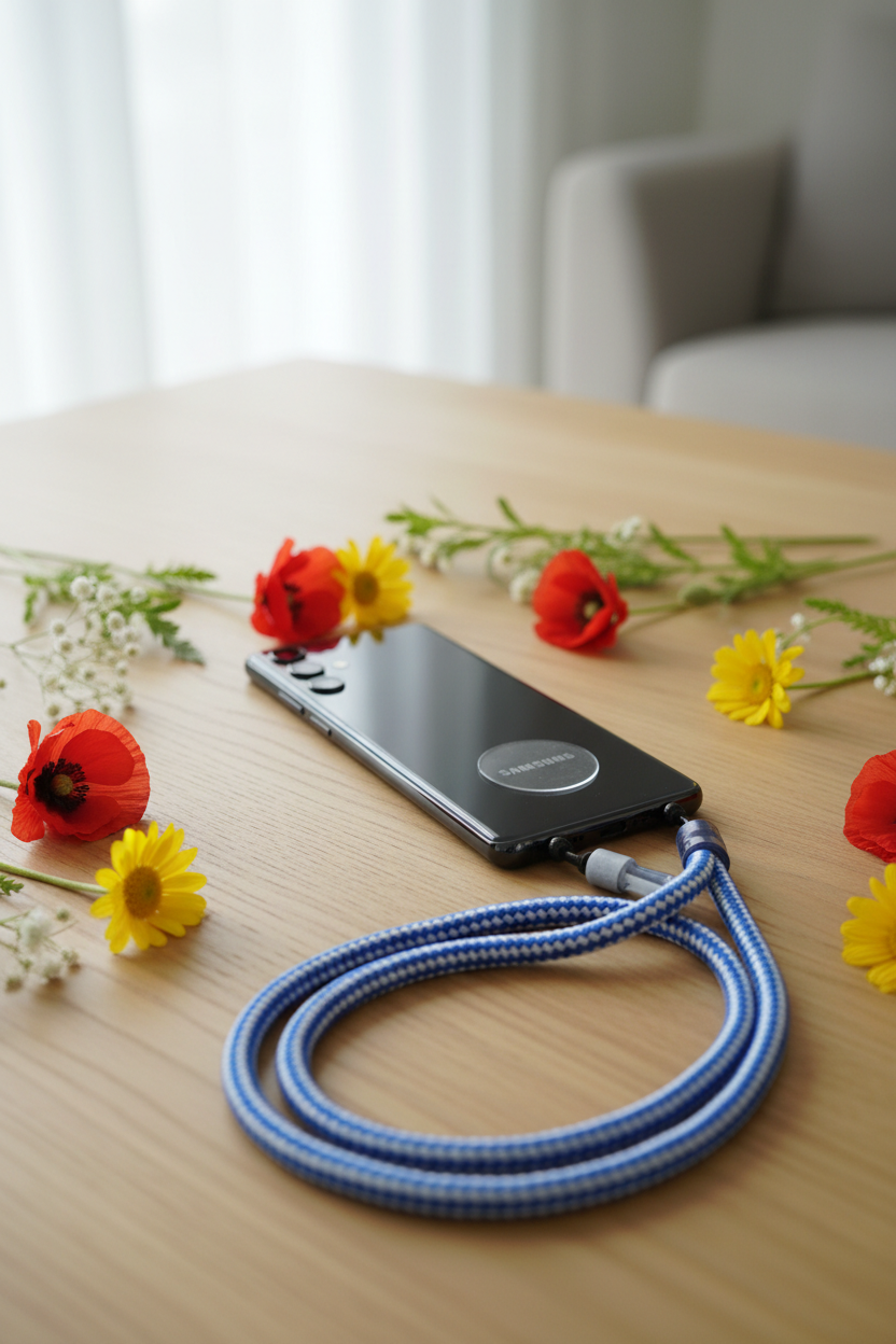 Samsung cordón azul ensima de una mesa con flores